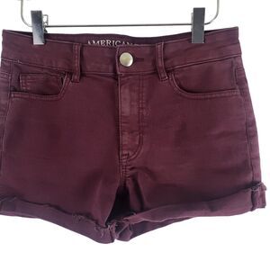 American Eagle Hi Rise Shortie Shorts 4 Womens Burgundy Mid Rise Cuffed Bottoms